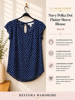 LC Lauren Conrad Navy White Polka Dot Tie Back Blouse Size M